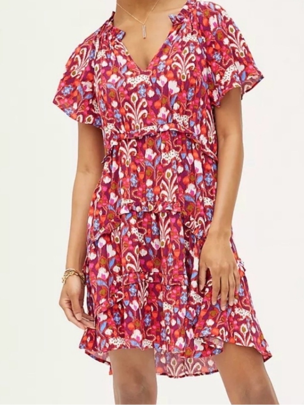 Anthropologie Robin Tiered Floral Animal Raspberry Print Size Small